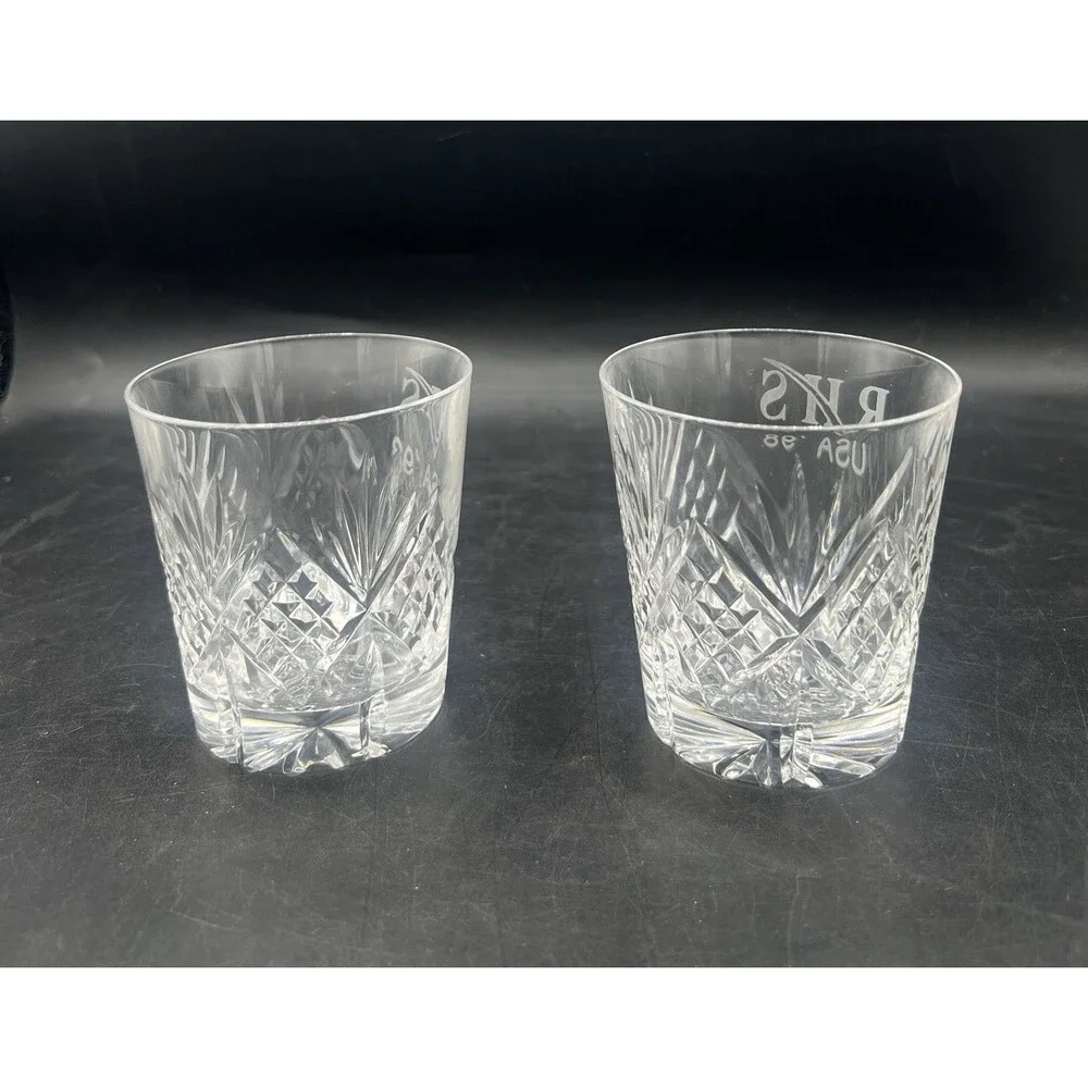 Set of 2 Cut Crystal Whiskey Tumblers RHS USA 98 Etched Double Old Fashioned